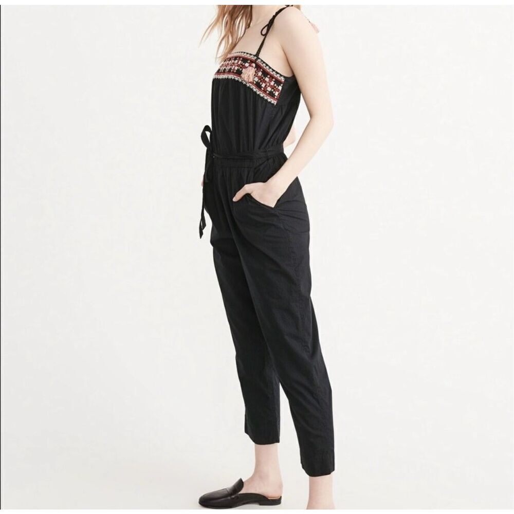 Abercrombie & Fitch Tie Straps Embroidered Cotton Black Jumpsuit Pockets Boho L